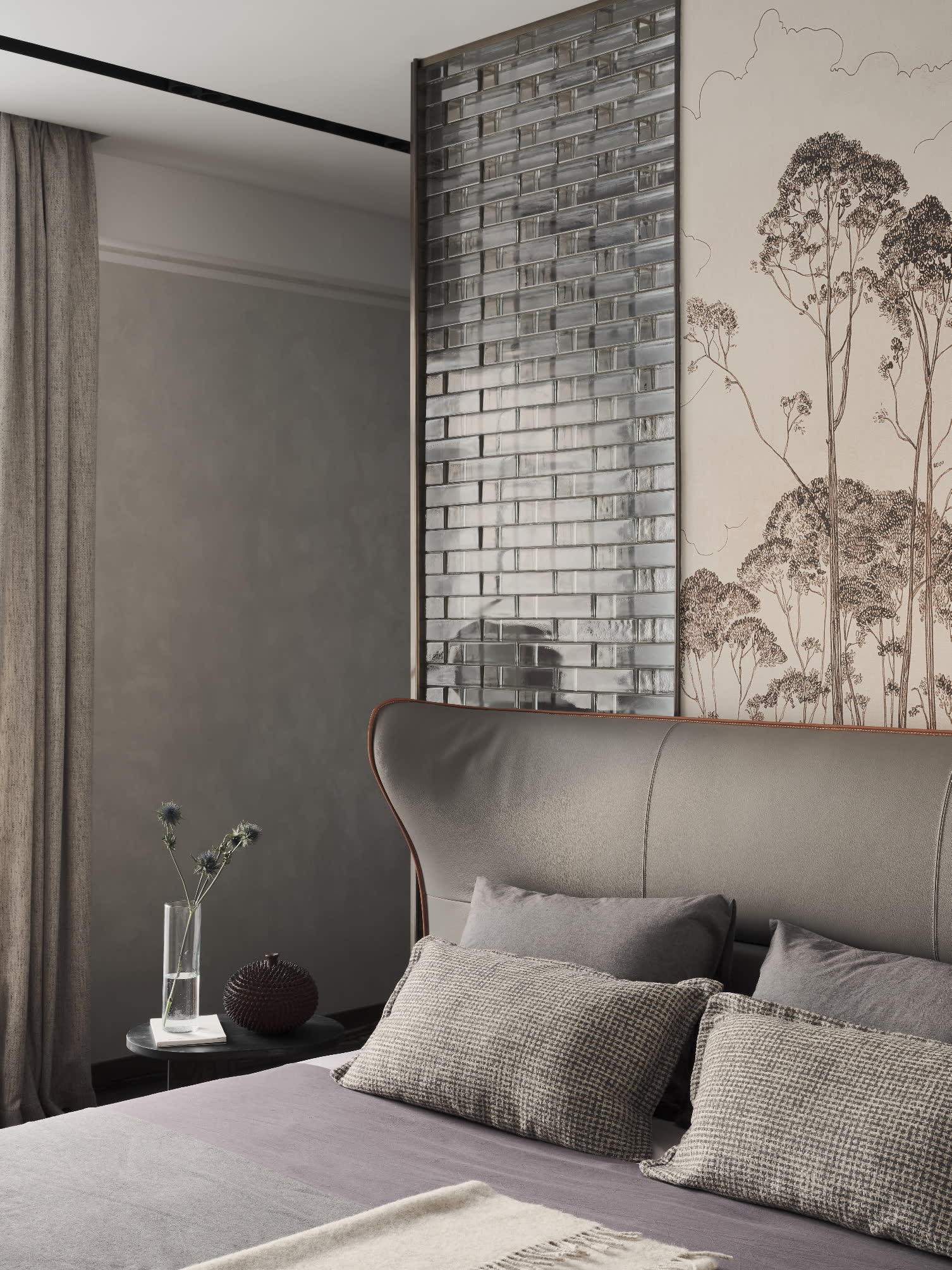 Кровать Poltrona Frau Mamy Blue, обои Wall&Deco